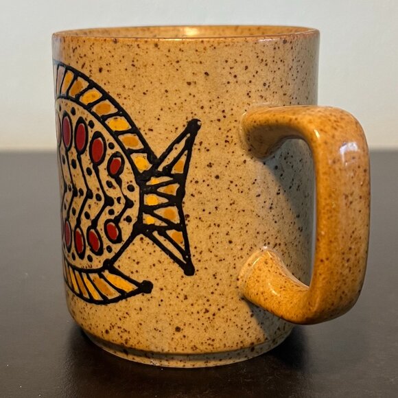 Vintage OTAGIRI Fish and Floral Tan Stoneware Mug with Brown Speckles - Picture 6 of 14